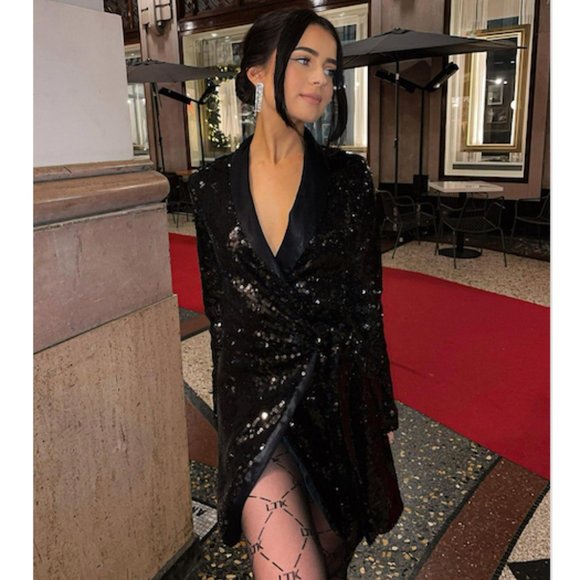 BLOGGER'S FAVE! Zara Black Sequin Mini Wrap Dress Sz XS NWT - Picture 9 of 15